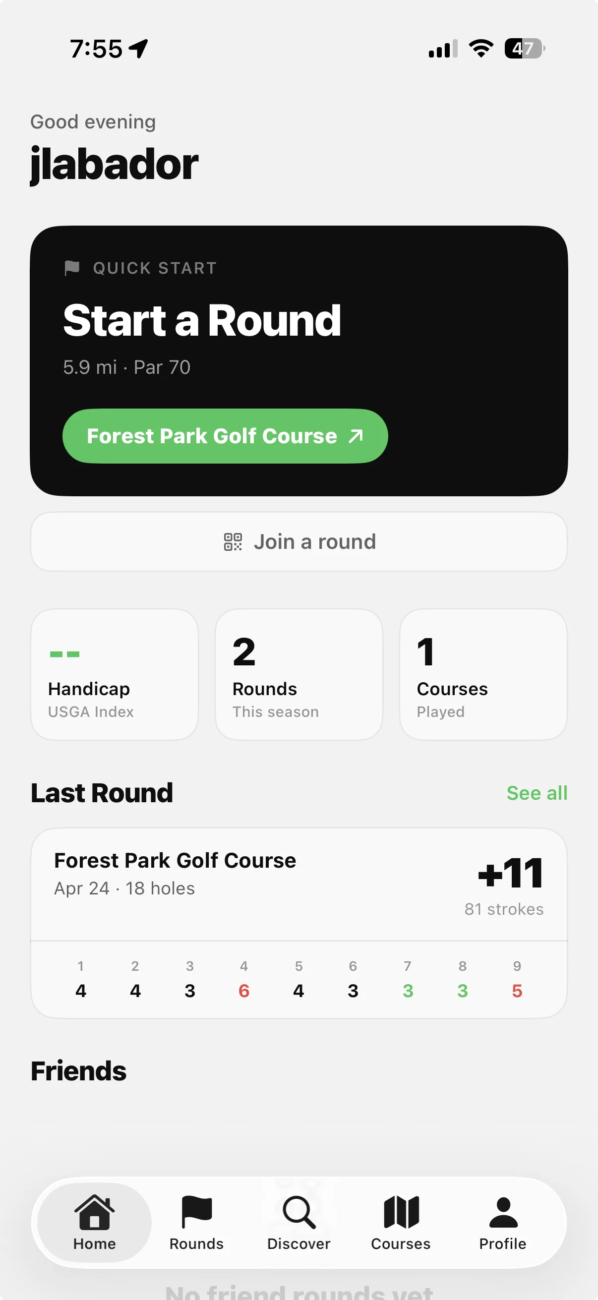 Flash Caddie home screen with Quick Start, handicap and rounds stats, and a recent round summary at Forest Park Golf Course